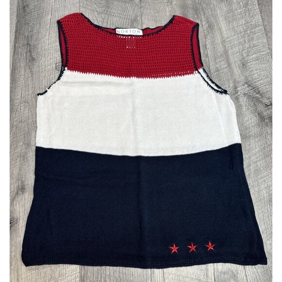 Vintage Norton Studio Sleeveless Sweater Womens Medium Blue Red‎ Stars Vest 90s - Picture 1 of 9